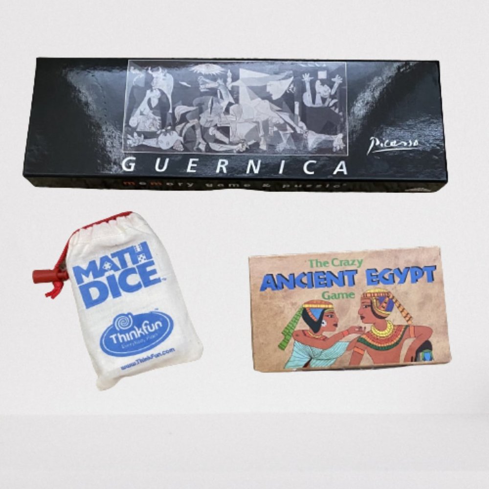 Thinkfun Math Dice, Guernica memory puzzle, and Ancient Egypt game